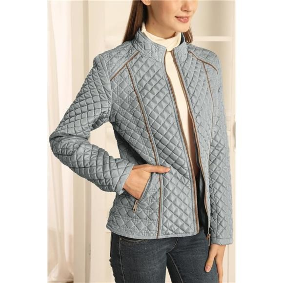 Women's Diamond Quilted Lightweight Puffer Jacket Spring and Winter Padded Coat - Picture 2 of 7